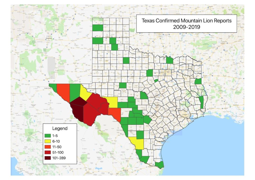 Map shows West Texas counties with mountain lion sightings 