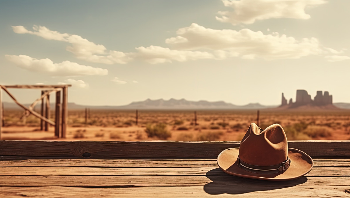 A hat sitting on a piece of wood in front of a West Texas farmland landscape.